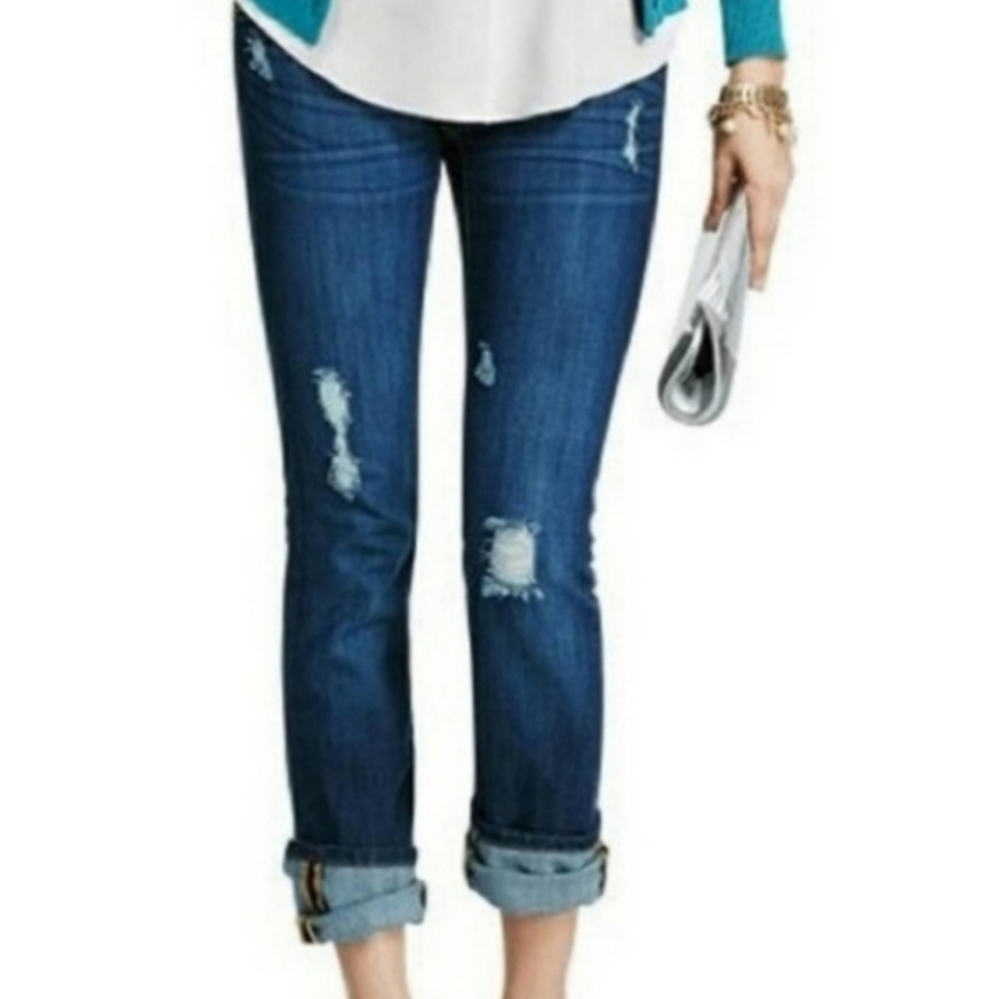 CAbi Slim Boyfriend Distressed Blue Jeans 14